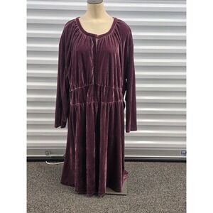 Womens 2X Plum Purple Velvet Smocked Waist Long Sleeve Midi Dress Goth Boho